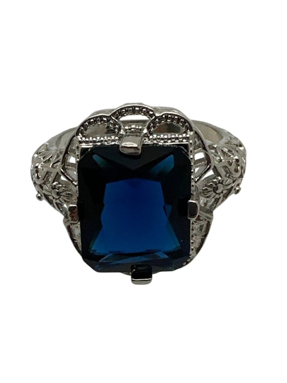 Blue Gemstone Ring Size 7.75 Intricate Filigree Silver Plated Timeless Elegance